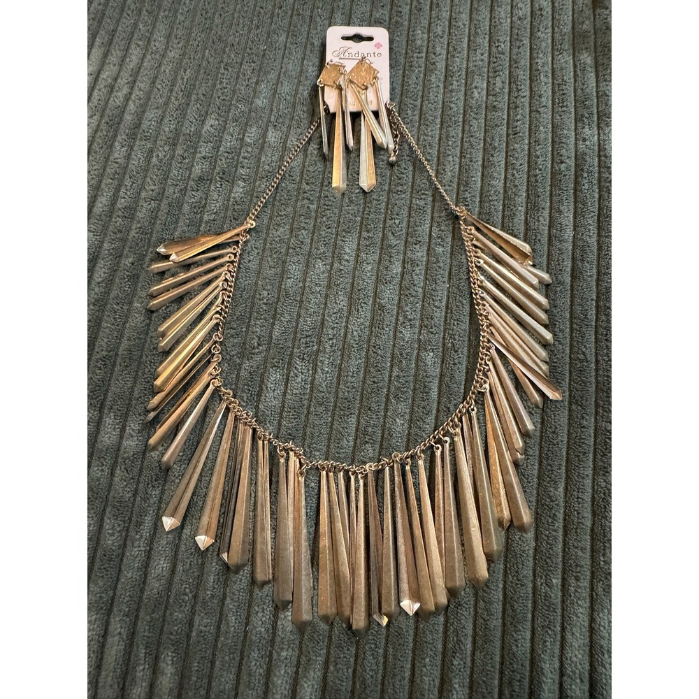 Andante Gold Art Deco Necklace & Earrings‎ Set Dangle Spear Boho Bohemian